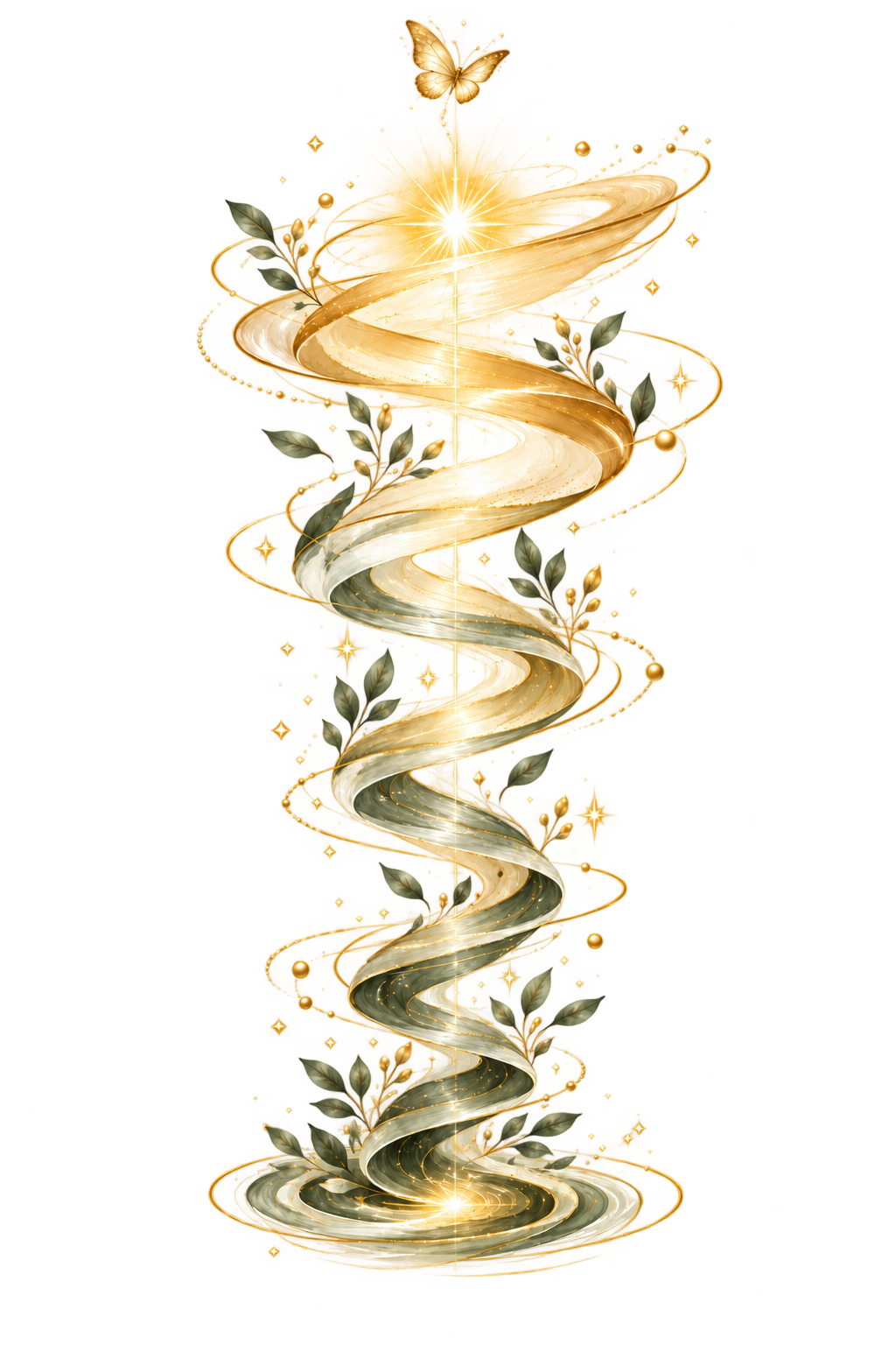Goldene Spirale mit olivgrünen Blättern und Schmetterling aus den THE HOLY SHIFT Ausbildungsunterlagen